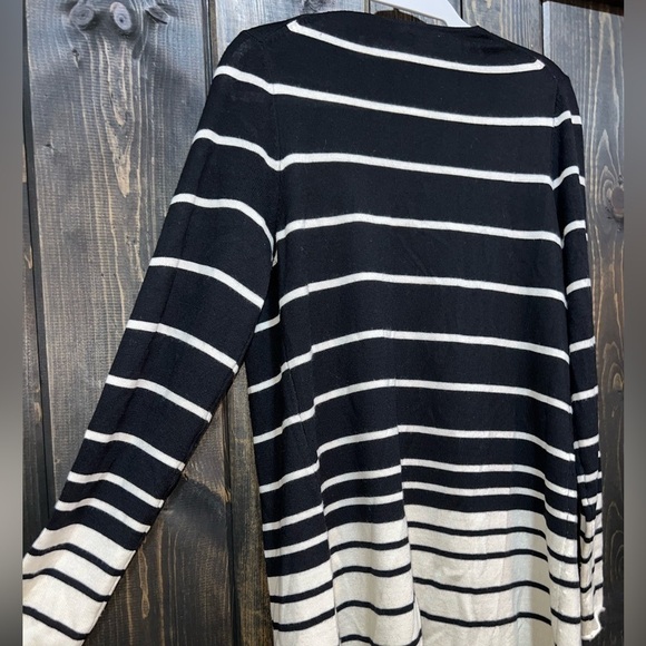 J. McLaughlin Merino Wool Cardigan M Black Cream Striped Long Open Soft Stretch - Picture 7 of 10